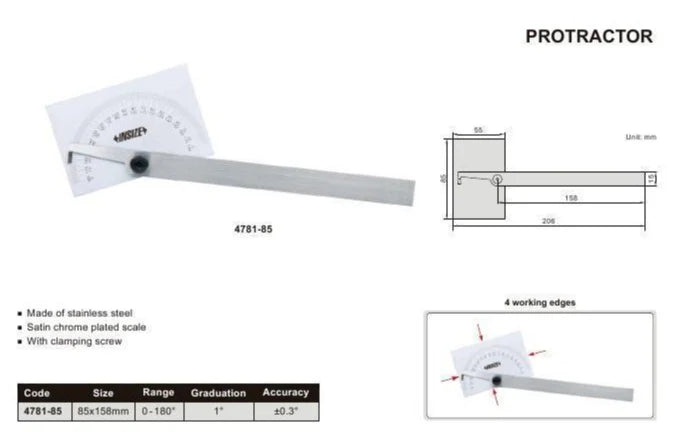 Insize 180° Protractor Range Series 4781-85A