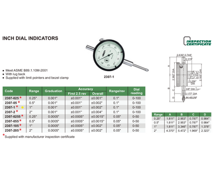 Insize Imperial Lug Back Dial Indicator 1" Range Series 2307-1