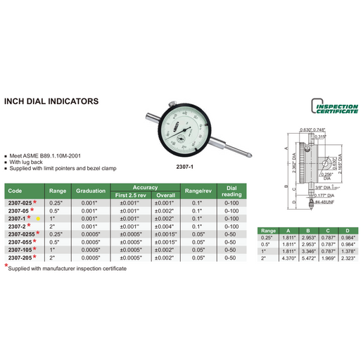 Insize Imperial Lug Back Dial Indicator 1" Range Series 2307-1