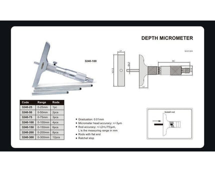 INSIZE Depth Micrometer Insize Metric Depth Micrometer 0-150mm Range Series 3240 - 150