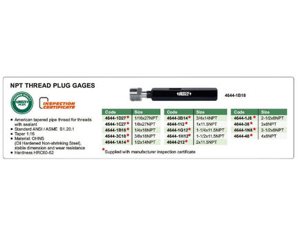 INSIZE INSERTS Insize NPT Thread Plug Gage 1/8 x 27 Taper 1:16 Series 4644-1C27