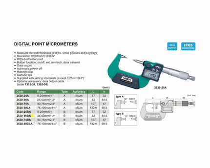 INSIZE Manufacturing Insize Digital Point Micrometer 25-50mm/1-2" Range Series 3530-50BA