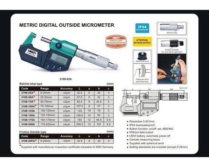 INSIZE Manufacturing Insize IP65 Digital Outside Micrometer 100-125mm / 4-5" Range Series 3108-125A