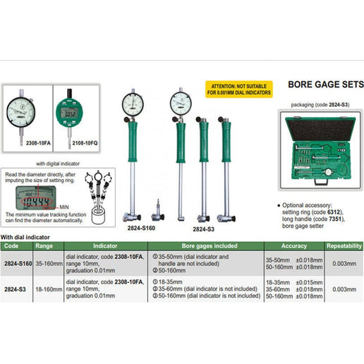 INSIZE Manufacturing Insize Mechanical Bore Gauge 35-160 mm Range Series 2824-S160