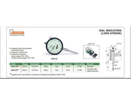 INSIZE Manufacturing Insize Metric Lug Back Dial Indicator 25mm Range Series 2302-25