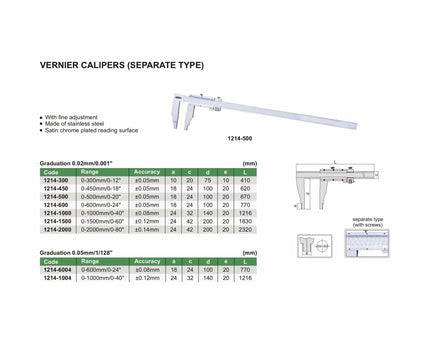 INSIZE Manufacturing Insize Vernier Caliper 0-500mm/0-20" Range Series 1214-500