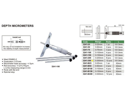 INSIZE Measuring Equipment Insize 12pc Metric Depth Micrometer 0-300mm Range Series 3241-300