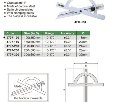 INSIZE Measuring Equipment Insize 170° Protractor 100x150mm Range Series 4797-100