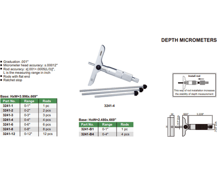 INSIZE Measuring Equipment Insize 1pc Imperial Depth Micrometer 0-1" Range Series 3241-1