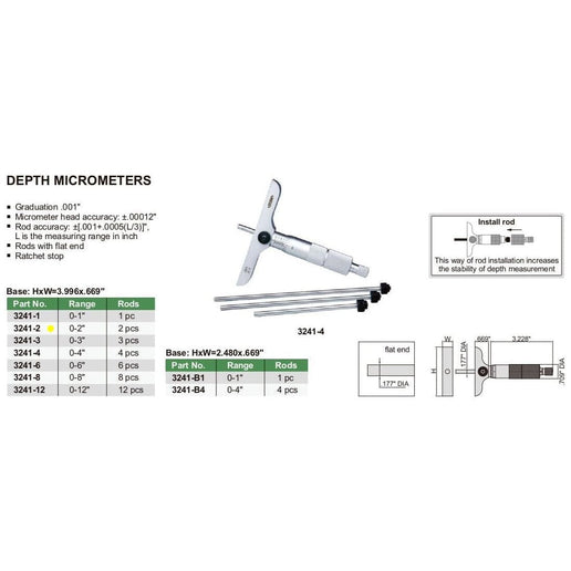 INSIZE Measuring Equipment Insize 2pc Imperial Depth Micrometer 0-2" Range Series 3241-2