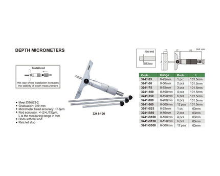 INSIZE Measuring Equipment Insize 2pc Metric Depth Micrometer 0-50mm Range Series 3241-50