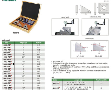 INSIZE MEASURING EQUIPMENT Insize 45° Angle Gauge Blocks 84mm Range Series 4002-A45