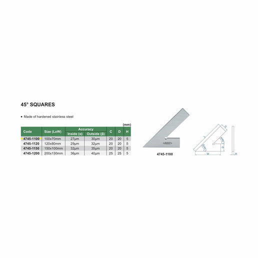 INSIZE Measuring Equipment Insize 45° Square Range Series 100x70mm Series 4745-1100