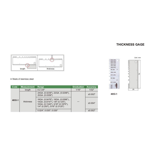 INSIZE MEASURING EQUIPMENT Insize 4853-1 Sheet Metal Thickness Gauge