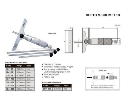 INSIZE Measuring Equipment Insize 4pc Metric Depth Micrometer 0-100mm Range Series 3241-100
