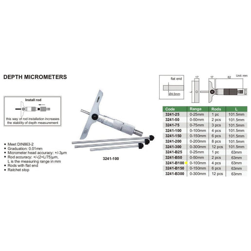 INSIZE Measuring Equipment Insize 4pc Metric Depth Micrometer 0-100mm Range Series 3241-B100