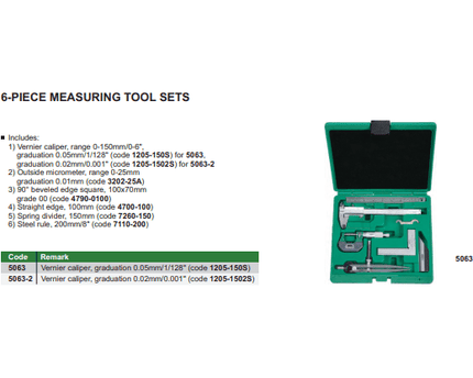 INSIZE Measuring Equipment Insize 6pc Measuring Tool Kit Series 5063-2