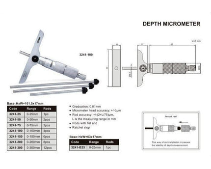 INSIZE Measuring Equipment Insize 6pc Metric Depth Micrometer 0-150mm Range Series 3241-150