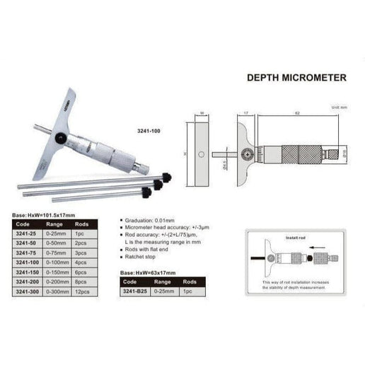 INSIZE Measuring Equipment Insize 6pc Metric Depth Micrometer 0-150mm Range Series 3241-150