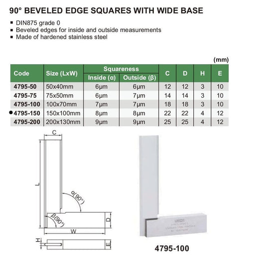 INSIZE Measuring Equipment Insize 90° Bevelled Edge Square 150x100mm Range Series 4795-150