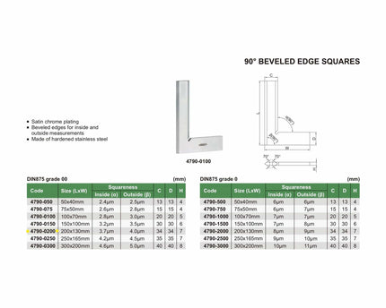 INSIZE Measuring Equipment Insize 90° Bevelled Edge Square 200x130mm Range Series 4790-0200