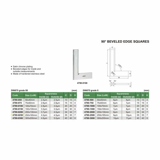 INSIZE Measuring Equipment Insize 90° Bevelled Edge Square 250x165mm Range Series 4790-0250
