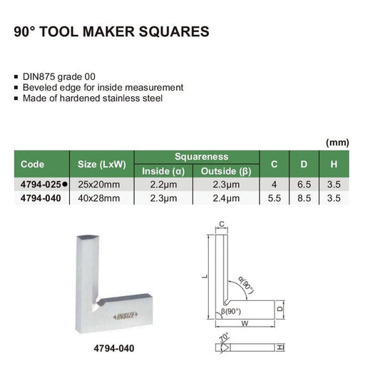 INSIZE Measuring Equipment Insize 90° Toolmakers Square 25x20mm Range Series 4794-025