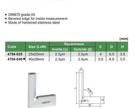 INSIZE Measuring Equipment Insize 90° Toolmakers Square 40x28mm Range Series 4794-040