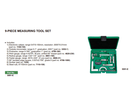 INSIZE Measuring Equipment Insize 9pc Measuring Tool Set Series 5091-E