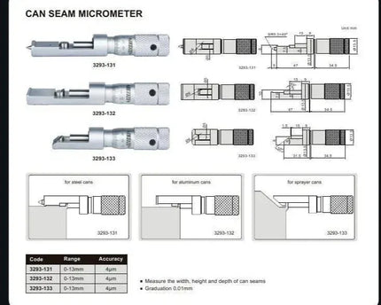 INSIZE MEASURING EQUIPMENT Insize Aluminium Can Seam Micrometer 0-0.6" Range Series 3293-062