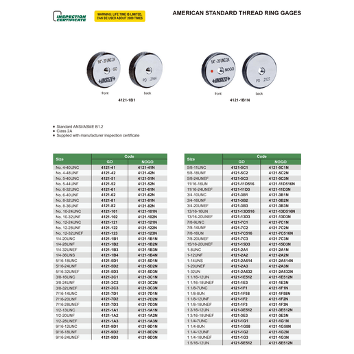 INSIZE Measuring Equipment Insize American Standard Thread Ring Gage 1/2–13UNC NOGO – Series 4121-1A1N