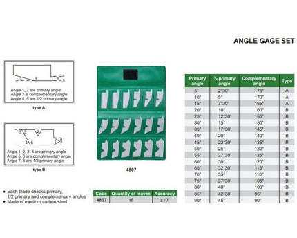 INSIZE MEASURING EQUIPMENT Insize Angle Gage Set 5°–90° Range 18 Blades Series 4807