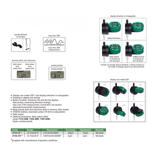 INSIZE Measuring Equipment Insize Back Plunger Digital Indicator 12.7mm/0.5" Range Series 2118-10