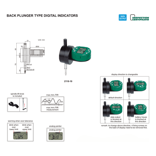 INSIZE Measuring Equipment Insize Back Plunger Digital Indicator 12.7mm/0.5" Range Series 2118-10