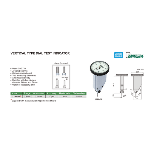 INSIZE Measuring Equipment Insize Back Plunger Type Dial Test Indicator Range Series 2398-08