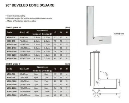 INSIZE MEASURING EQUIPMENT Insize Beveled Edge Square 75×50 mm Grade 0 Series 4790-750