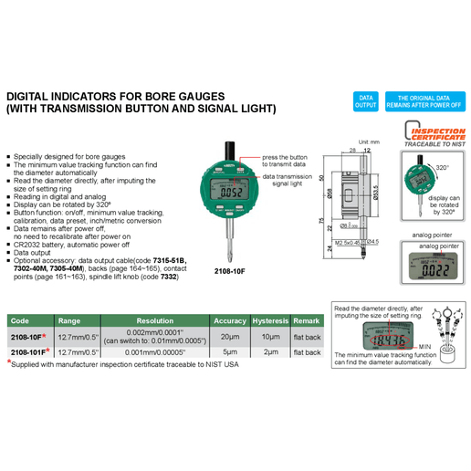 INSIZE Measuring Equipment Insize Bore Gauge Digital Indicator 12.7mm/0.5" Range Series 2108-101F
