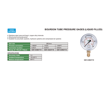 INSIZE MEASURING EQUIPMENT Insize Bourdon Tube Pressure Gauge 1/4BSP 0–10 Bar Series 5201-63B2Y10