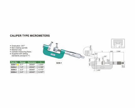 INSIZE Measuring Equipment Insize Caliper Type Micrometer 0-1" Range Series 3238-1
