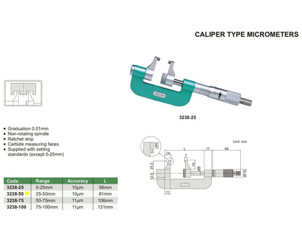 INSIZE Measuring Equipment Insize Caliper Type Micrometer 25-50mm Range Series 3238-50