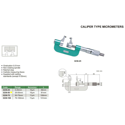 INSIZE Measuring Equipment Insize Caliper Type Micrometer 25-50mm Range Series 3238-50