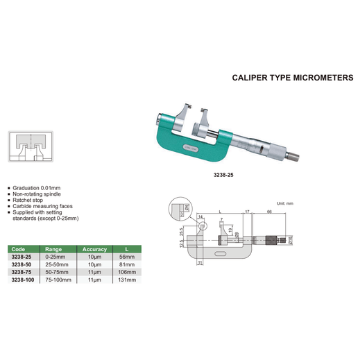 INSIZE Measuring Equipment Insize Caliper Type Micrometer 50–75mm Series 3238-75