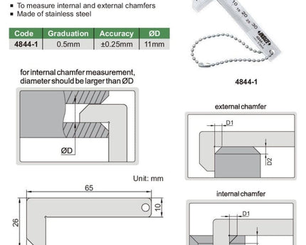 INSIZE Measuring Equipment Insize Chamfer Gauge 0.5mm Range Series 4844-1