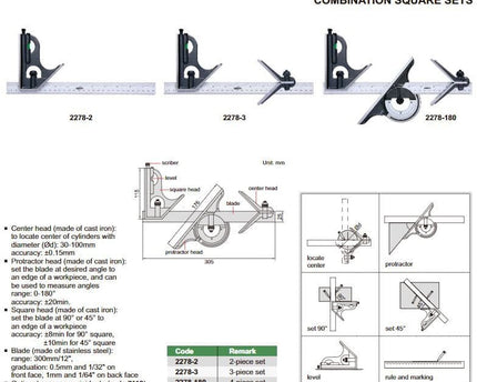 INSIZE Measuring Equipment Insize Combination Square Set Layout Solution 2278-2