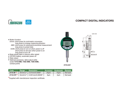 INSIZE MEASURING EQUIPMENT Insize Compact Digital Indicator 5 mm Series 2114-5F