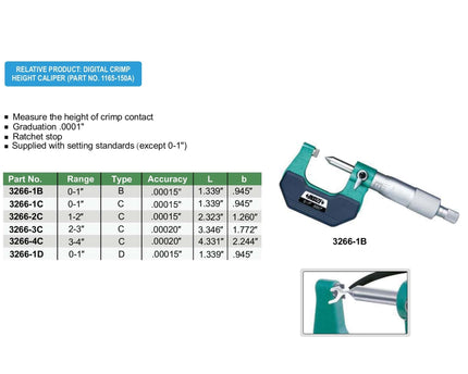 INSIZE Measuring Equipment Insize Crimp Height Micrometer 0-1" Range Series 3266-1