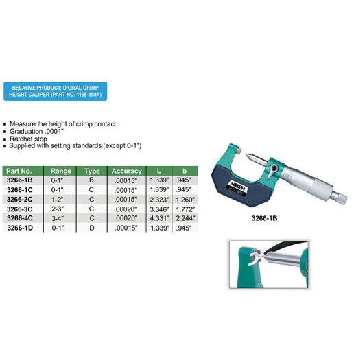 INSIZE Measuring Equipment Insize Crimp Height Micrometer 0-1" Range Series 3266-1