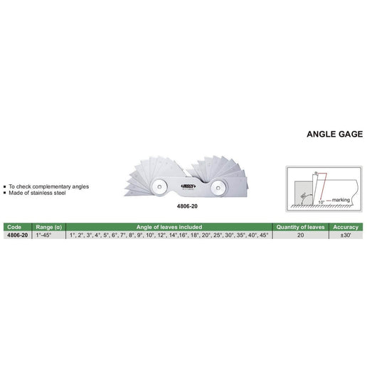 INSIZE Measuring Equipment Insize Degree Angle Gauge 1°-45° Range Series 4806-20