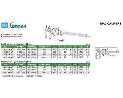INSIZE Measuring Equipment Insize Dial Caliper 0-150mm Range Series 1312-150A