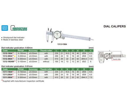 INSIZE Measuring Equipment Insize Dial Caliper 0-200mm Range Series 1312-200A